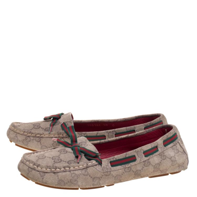 Pre Owned Gucci Beige GG Suede Web Ribbon Detail Loafers Size 38