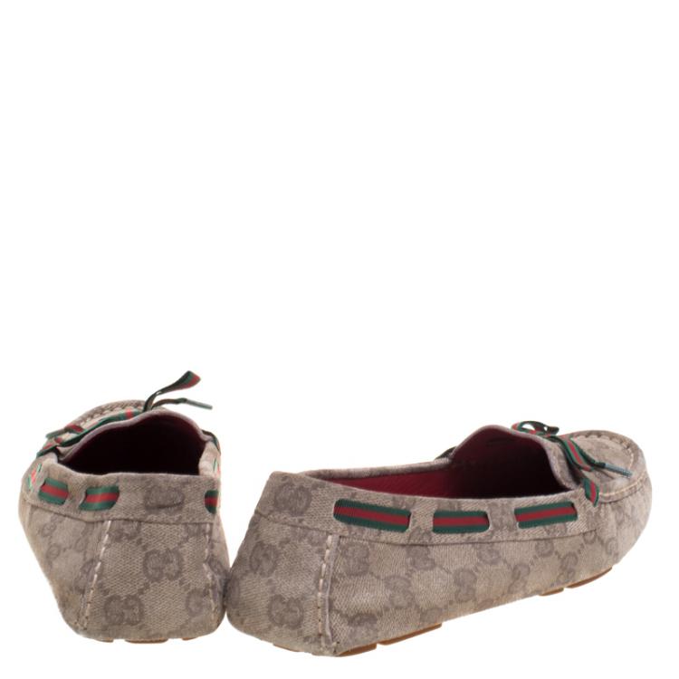 Pre Owned Gucci Beige GG Suede Web Ribbon Detail Loafers Size 38