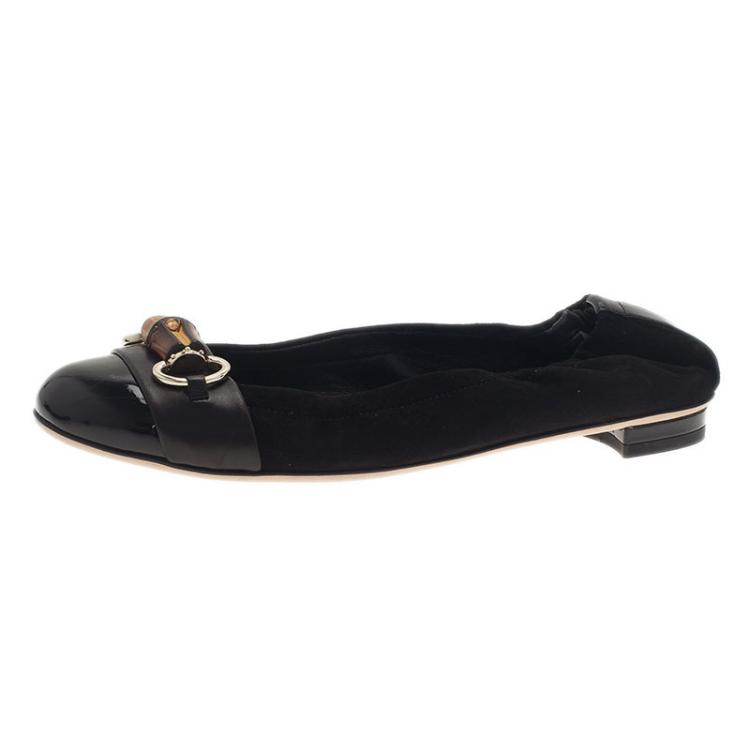 Gucci Black Patent Leather and Suede Bamboo Horsebit Ballet Flats 