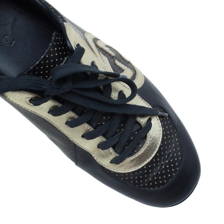 Pre Owned Gucci Black and Gold Leather Logo Sneakers Size 36