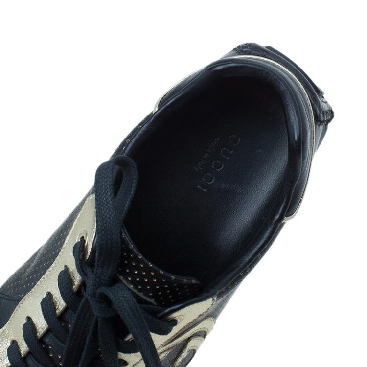 Pre Owned Gucci Black and Gold Leather Logo Sneakers Size 36