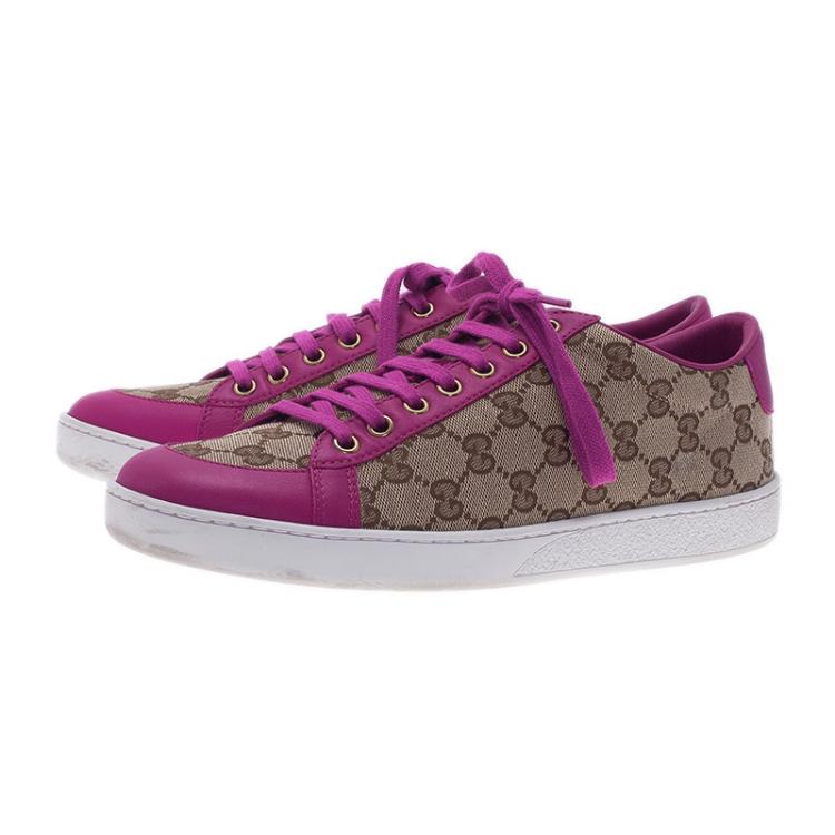 Pre Owned Gucci Pink Leather and Guccissima Canvas Sneakers Size 39.5