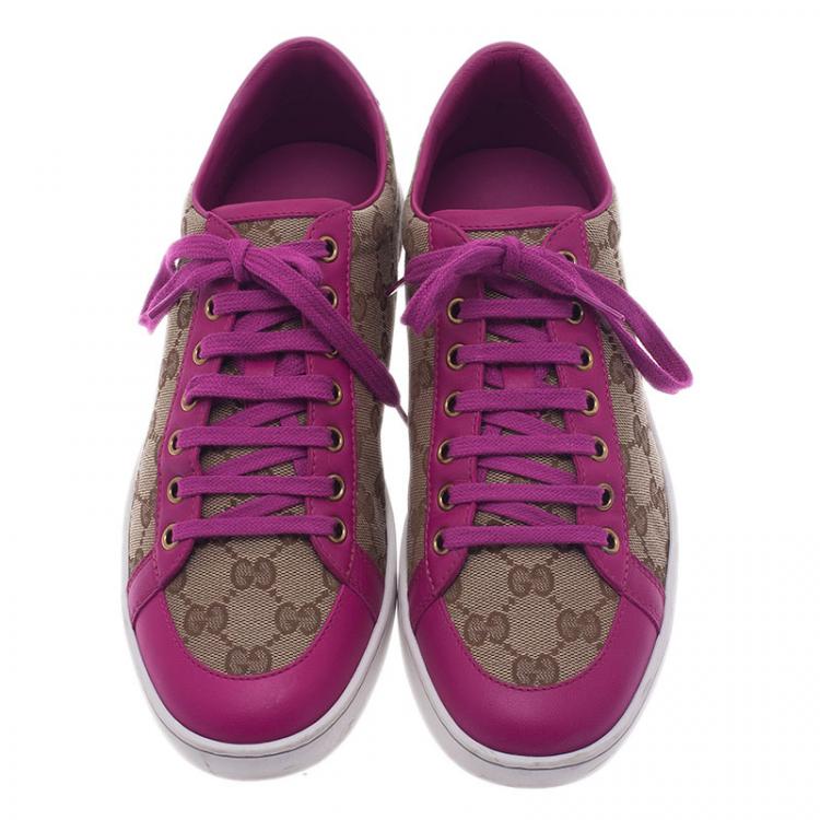 Pre Owned Gucci Pink Leather and Guccissima Canvas Sneakers Size 39.5