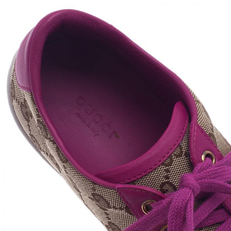 Pre Owned Gucci Pink Leather and Guccissima Canvas Sneakers Size 39.5