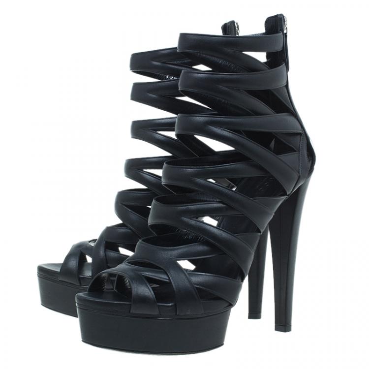 Pre Owned Gucci Black Cutout Leather Venus Platform Booties Size 39