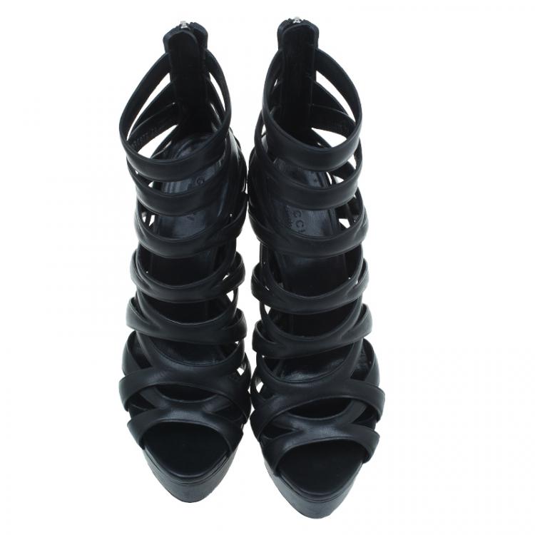 Pre Owned Gucci Black Cutout Leather Venus Platform Booties Size 39