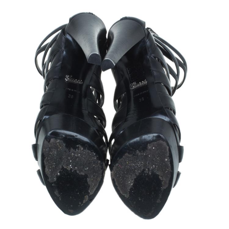 Pre Owned Gucci Black Cutout Leather Venus Platform Booties Size 39