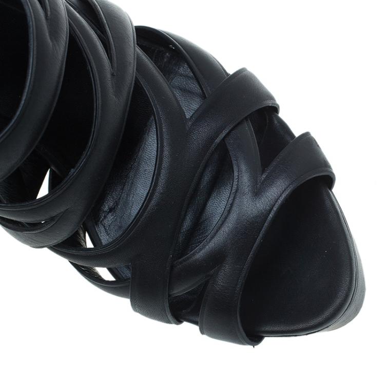 Pre Owned Gucci Black Cutout Leather Venus Platform Booties Size 39