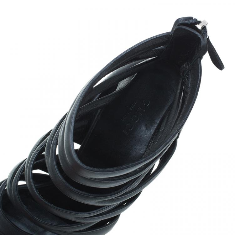 Pre Owned Gucci Black Cutout Leather Venus Platform Booties Size 39