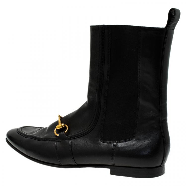 Pre Owned Gucci Black Leather and Elastic Horsebit Ankle Boots Size 37.5