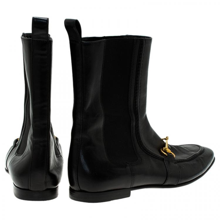 Pre Owned Gucci Black Leather and Elastic Horsebit Ankle Boots Size 37.5