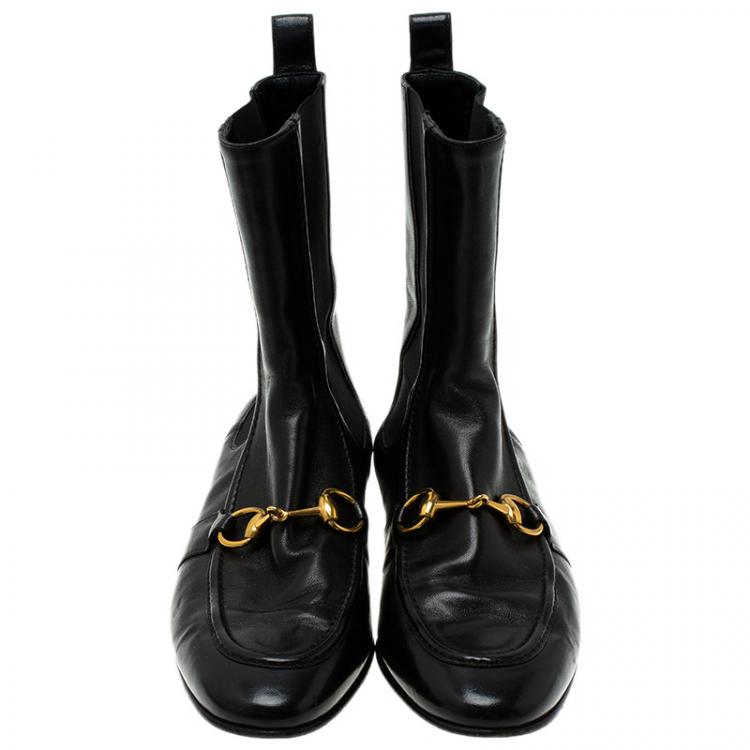 Pre Owned Gucci Black Leather and Elastic Horsebit Ankle Boots Size 37.5