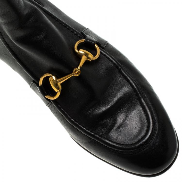 Pre Owned Gucci Black Leather and Elastic Horsebit Ankle Boots Size 37.5