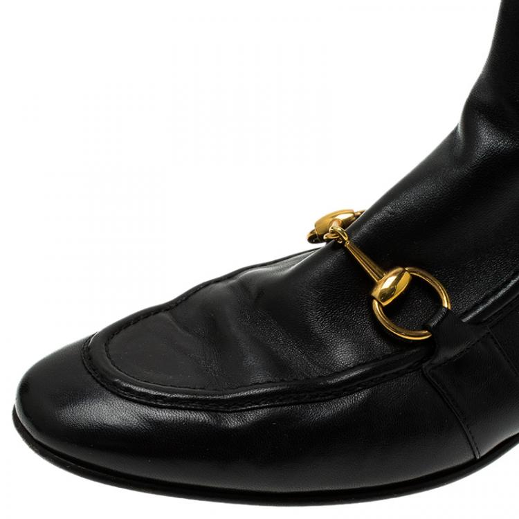 Pre Owned Gucci Black Leather and Elastic Horsebit Ankle Boots Size 37.5