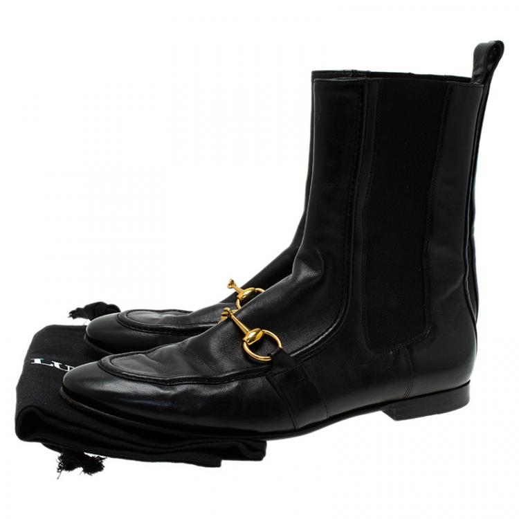 Pre Owned Gucci Black Leather and Elastic Horsebit Ankle Boots Size 37.5