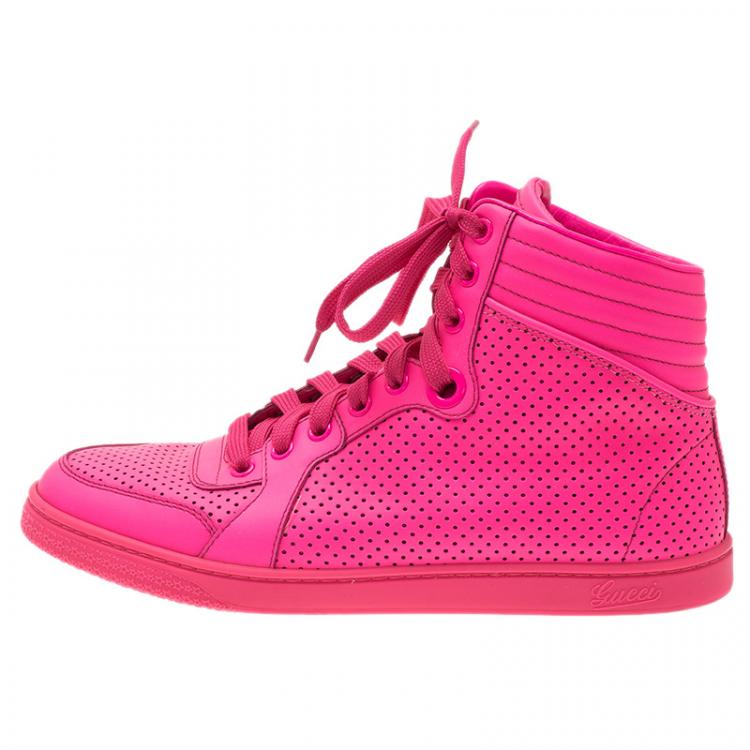 Gucci Neon Pink Leather Interlocking G High Top Sneakers Size 38 Gucci