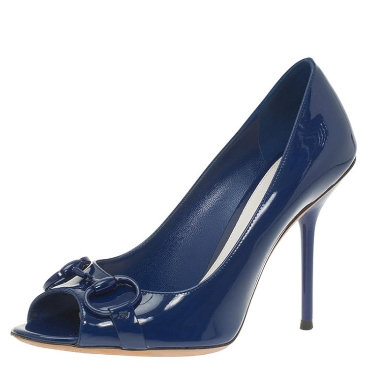 Gucci Blue Denim Horsebit Wedge Heels - size 38.5 ○ Labellov