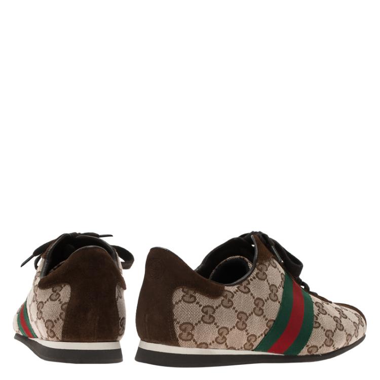Pre Owned Gucci Beige Guccissima Canvas and Brown Suede Web Detail Sneakers Size 39