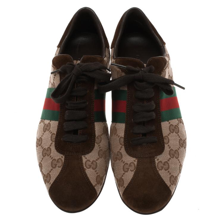 Pre Owned Gucci Beige Guccissima Canvas and Brown Suede Web Detail Sneakers Size 39