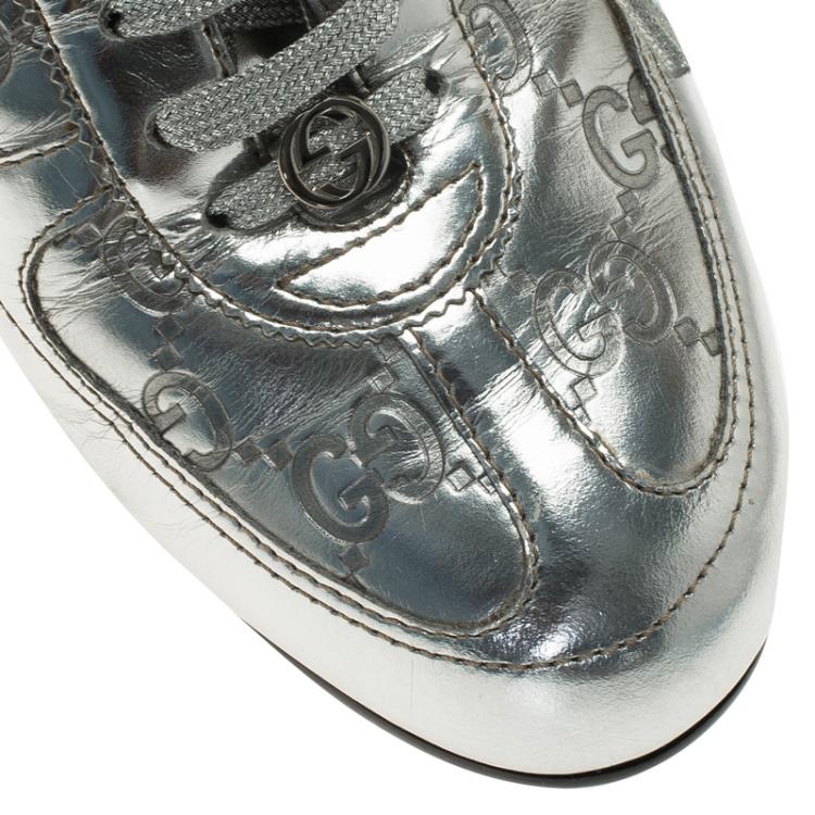 Pre Owned Gucci Silver Mirror Guccissima Leather Sneakers Size 37 