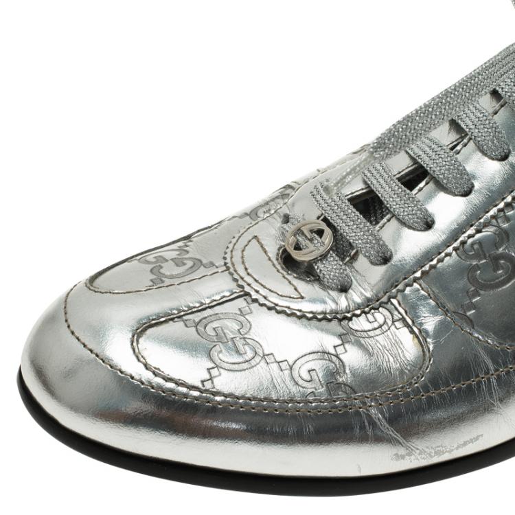 Pre Owned Gucci Silver Mirror Guccissima Leather Sneakers Size 37 