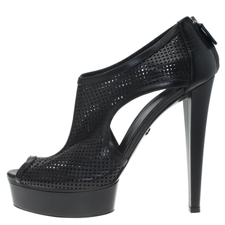 Pre Owned Gucci Black Perforated Leather Kim Platform Ankle Boots Size 39.5