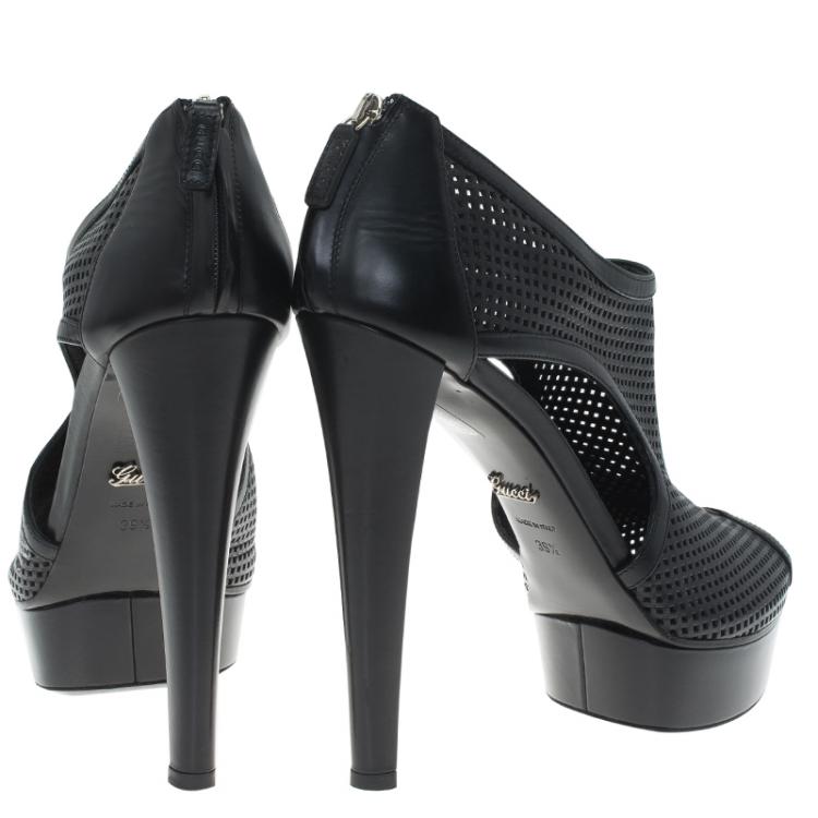 Pre Owned Gucci Black Perforated Leather Kim Platform Ankle Boots Size 39.5