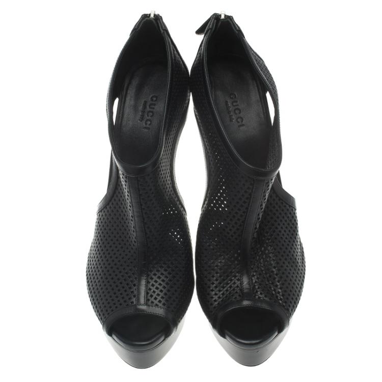 Pre Owned Gucci Black Perforated Leather Kim Platform Ankle Boots Size 39.5