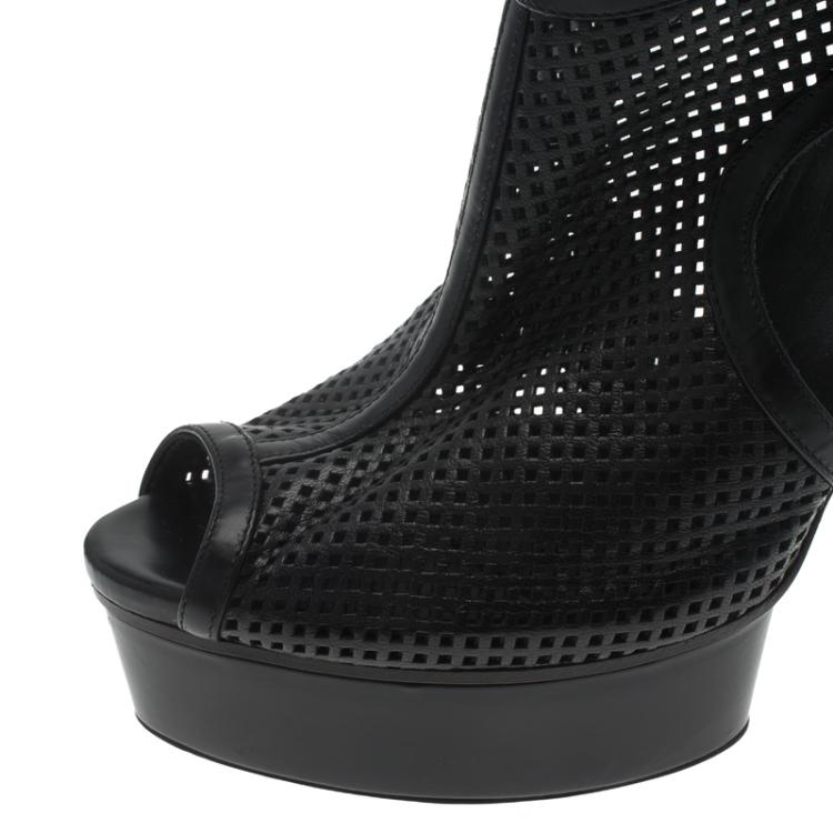 Pre Owned Gucci Black Perforated Leather Kim Platform Ankle Boots Size 39.5