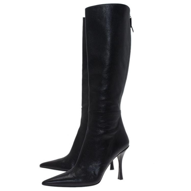 Pre Owned Gucci Black Leather Back Zipper Knee Boots Size 36.5
