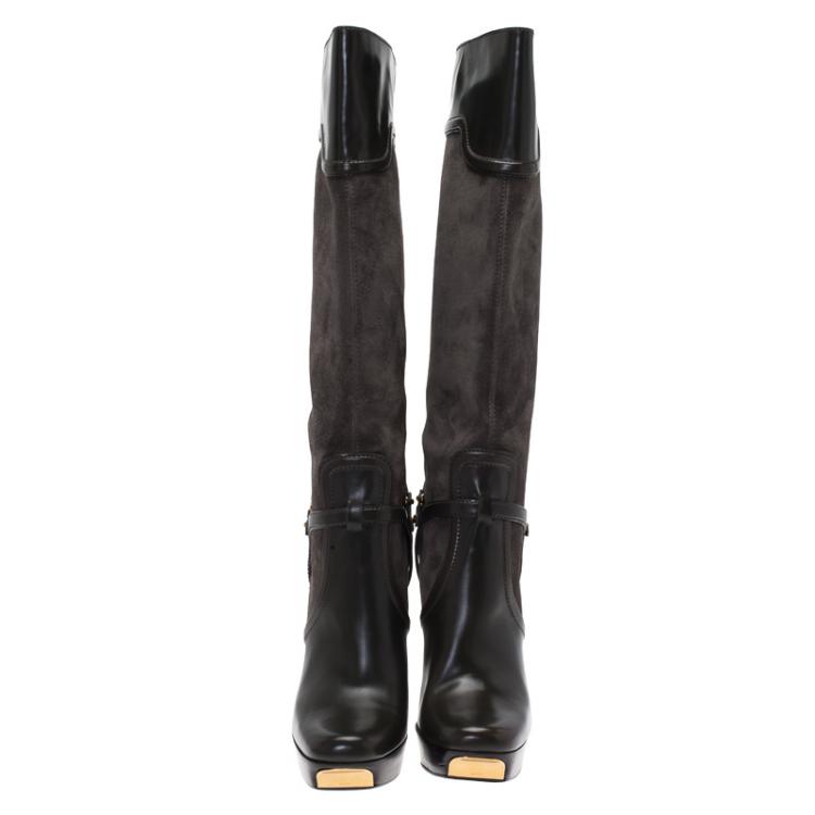 Pre Owned Gucci Grey Suede and Leather Platform Knee Boots Size 40