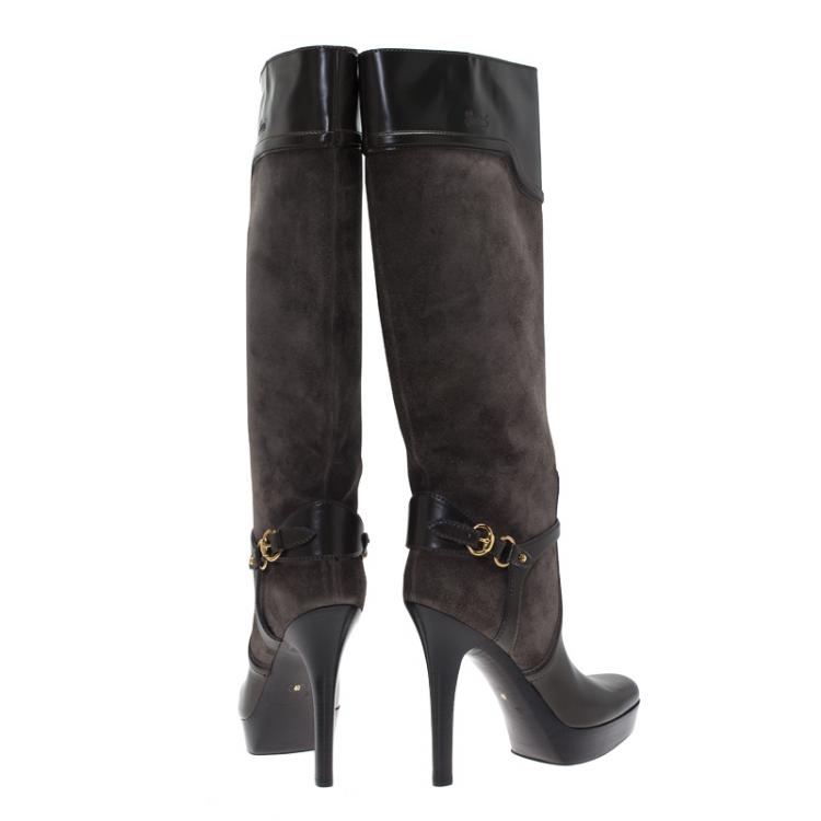 Pre Owned Gucci Grey Suede and Leather Platform Knee Boots Size 40