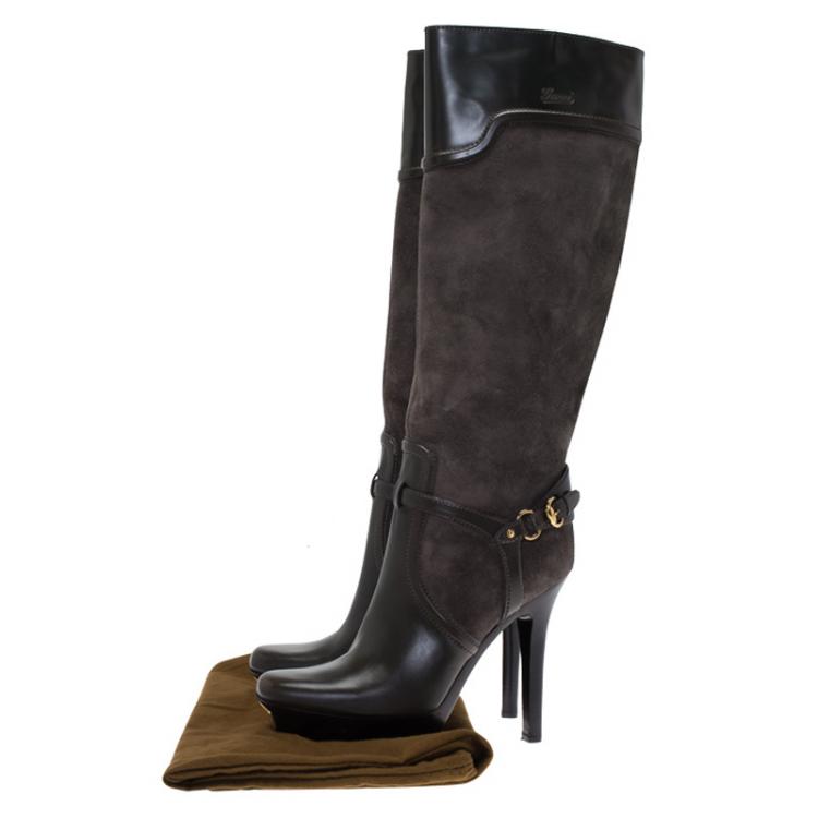 Pre Owned Gucci Grey Suede and Leather Platform Knee Boots Size 40