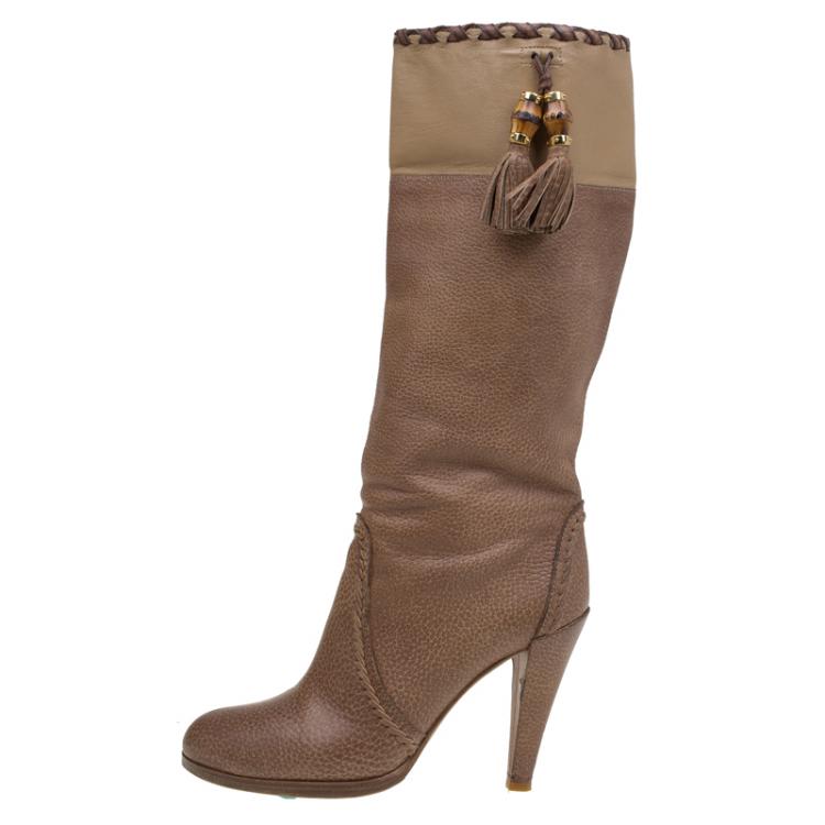 Pre Owned Gucci Brown Leather Tassel Tall Boots Size 38