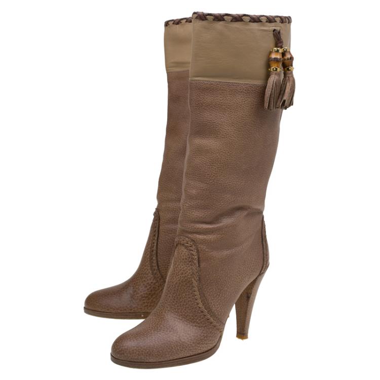 Pre Owned Gucci Brown Leather Tassel Tall Boots Size 38