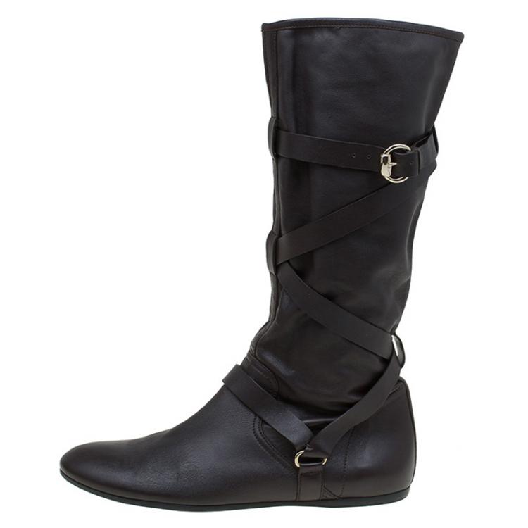 Pre Owned Gucci Dark Brown Leather Buckle Knee Boots Size 39.5
