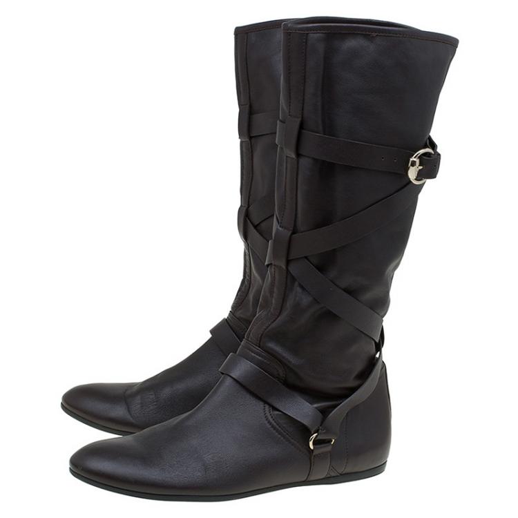 Pre Owned Gucci Dark Brown Leather Buckle Knee Boots Size 39.5