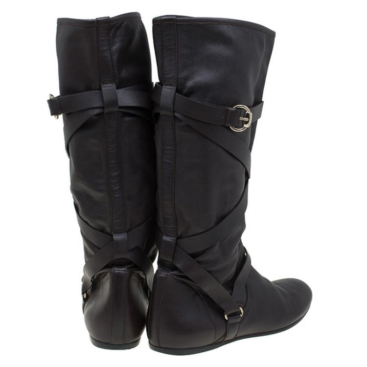 Pre Owned Gucci Dark Brown Leather Buckle Knee Boots Size 39.5