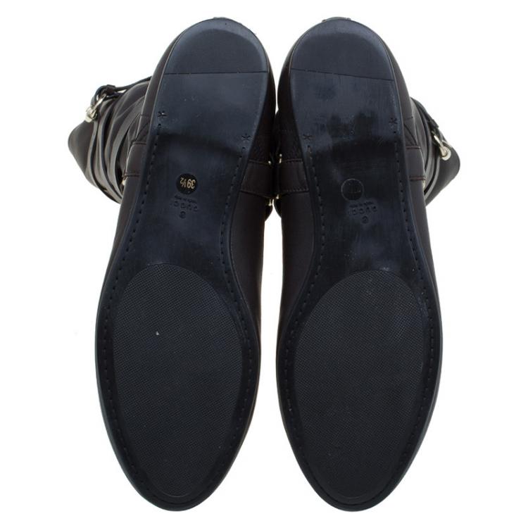 Pre Owned Gucci Dark Brown Leather Buckle Knee Boots Size 39.5