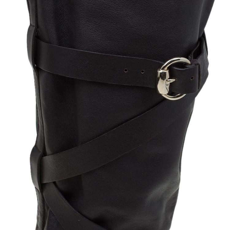 Pre Owned Gucci Dark Brown Leather Buckle Knee Boots Size 39.5