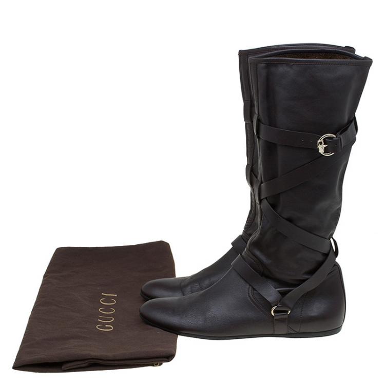 Pre Owned Gucci Dark Brown Leather Buckle Knee Boots Size 39.5