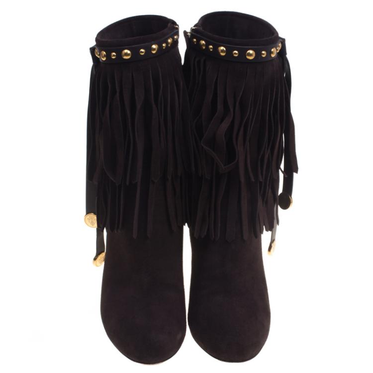 Pre Owned Gucci Chocolate Brown Suede Devendra Fringe Detail Ankle Boots Size 38