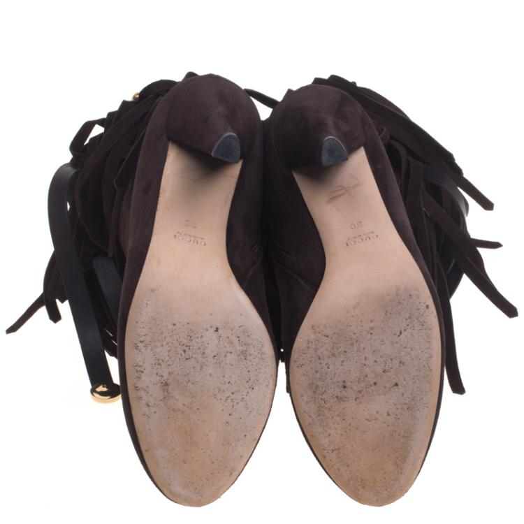 Pre Owned Gucci Chocolate Brown Suede Devendra Fringe Detail Ankle Boots Size 38