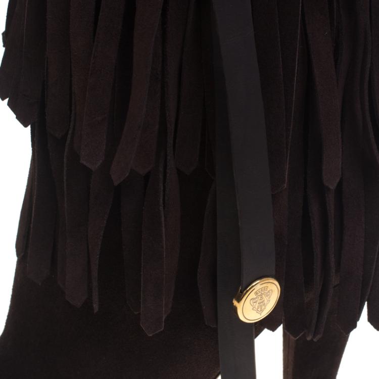 Pre Owned Gucci Chocolate Brown Suede Devendra Fringe Detail Ankle Boots Size 38