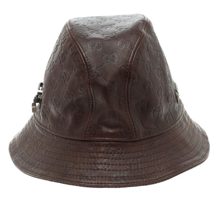 Pre Owned Gucci Dark Brown Guccissima Leather Fisher Hat Size M