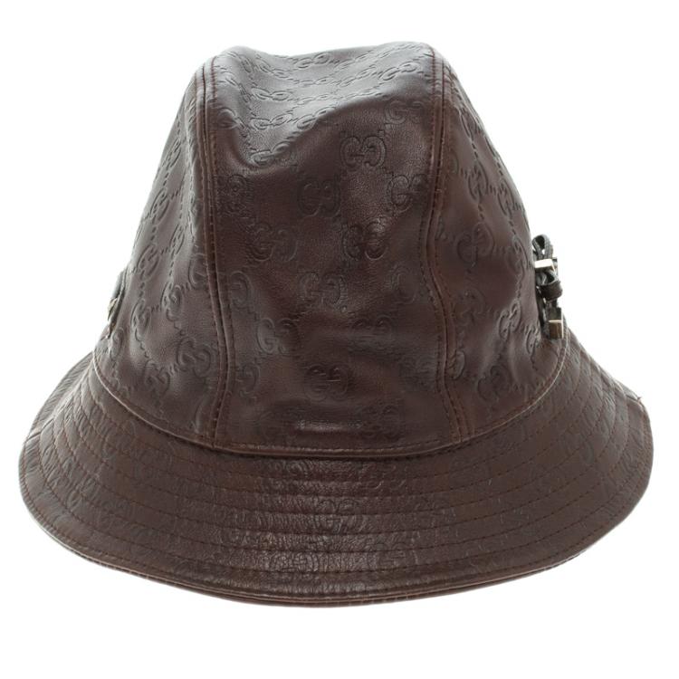 Pre Owned Gucci Dark Brown Guccissima Leather Fisher Hat Size M