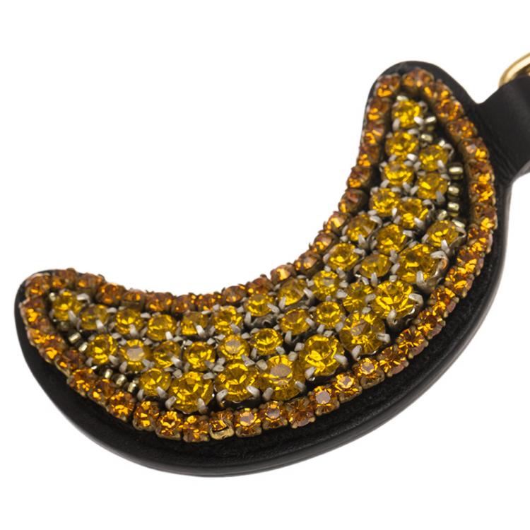 Pre Owned Gucci Rhinestone Embellished Black Leather Moon Keyring