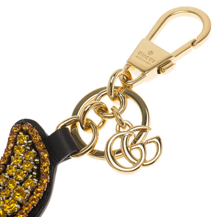 Pre Owned Gucci Rhinestone Embellished Black Leather Moon Keyring