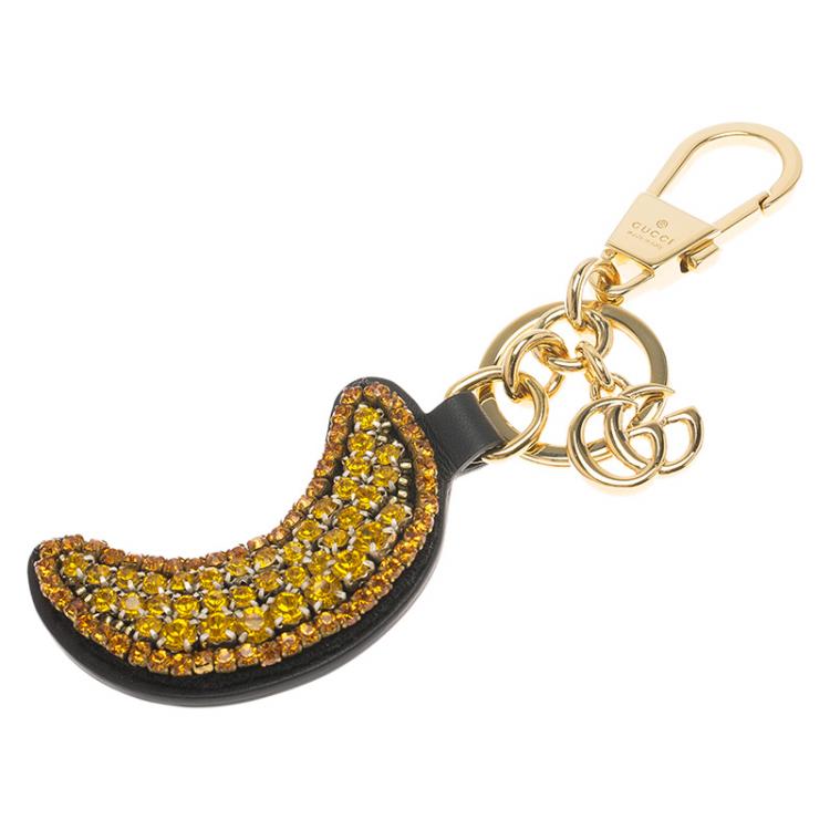 Pre Owned Gucci Rhinestone Embellished Black Leather Moon Keyring