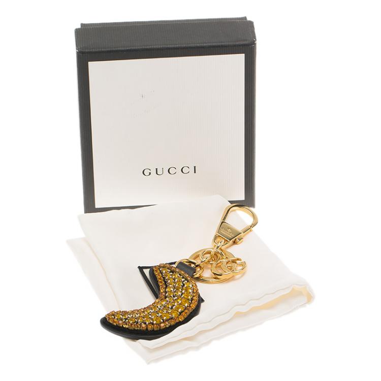 Pre Owned Gucci Rhinestone Embellished Black Leather Moon Keyring